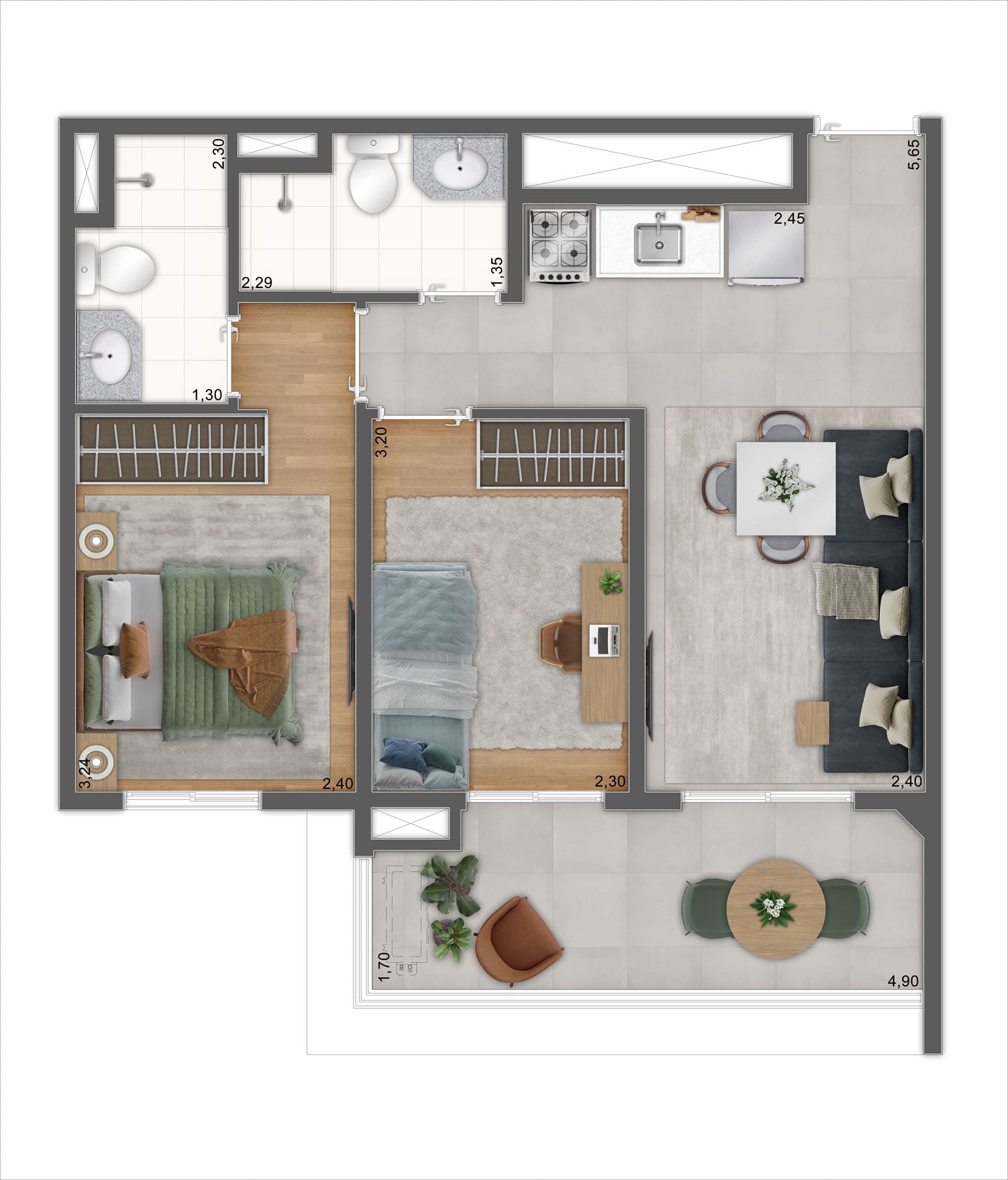 Perspectiva da Planta 2 Quartos 50,99
