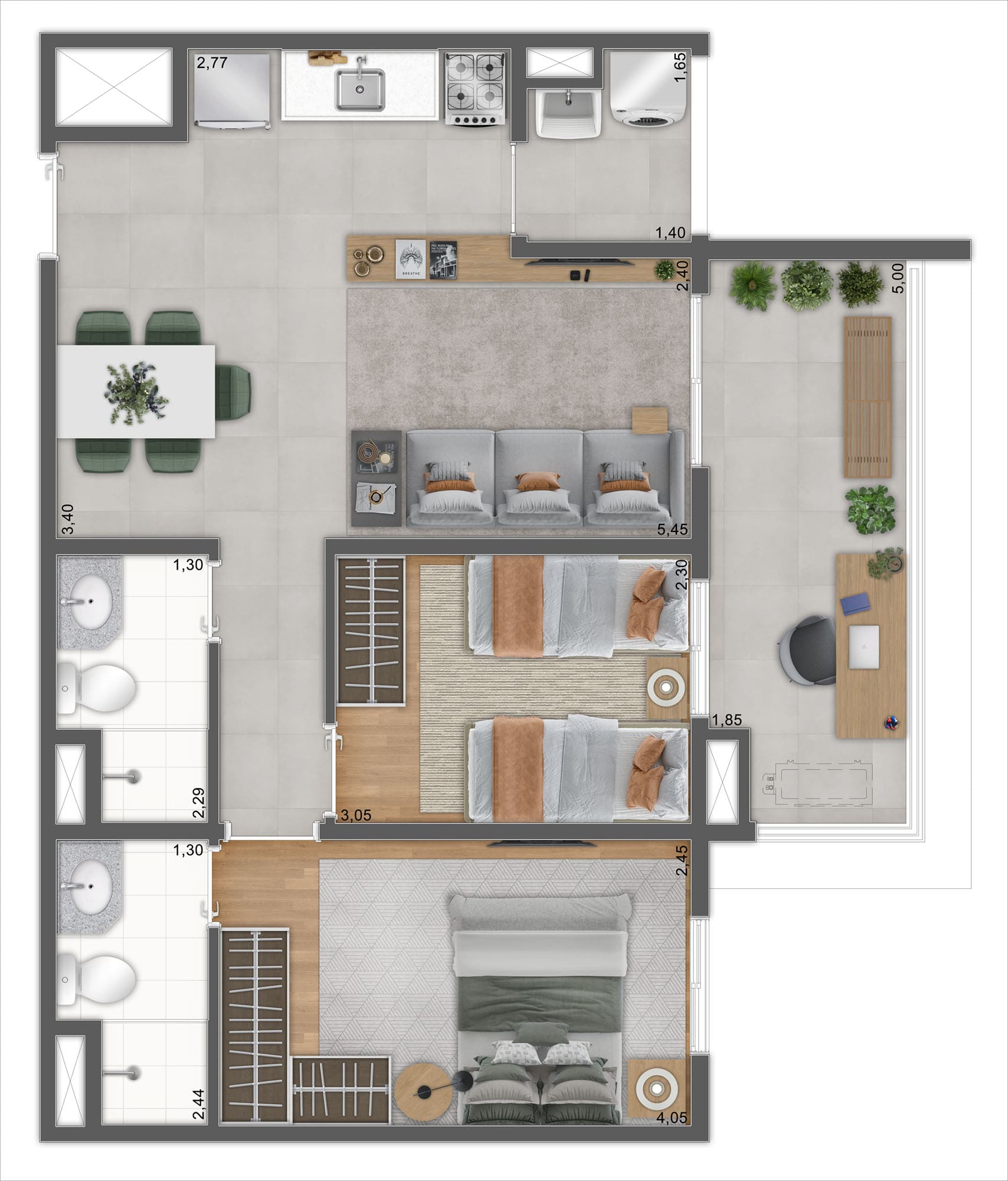Perspectiva da Planta 2 Quartos 62,46-m²